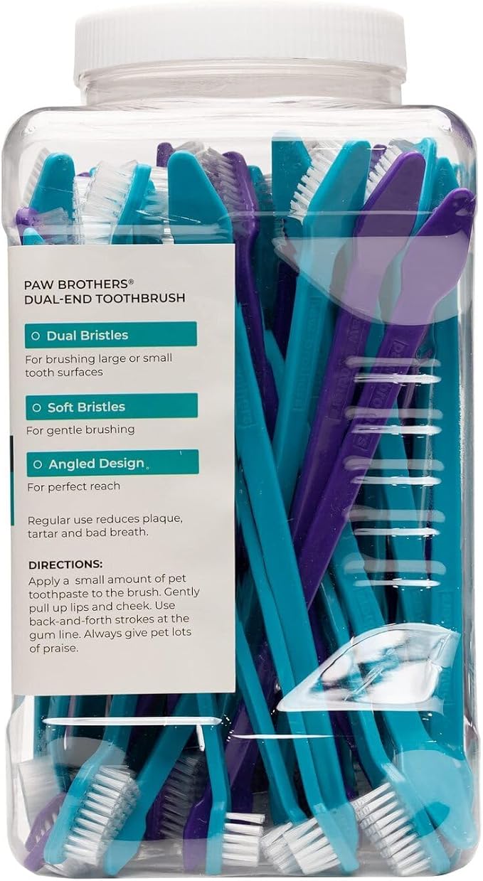 Paw Brothers Dual-End Dog Toothbrush for Small and Large Dogs, Dog Teeth Cleaning, Pet Dental Care, Pink and Blue Toothbrushes, Puppy Essentials, Pet Accessories, 50 Pack