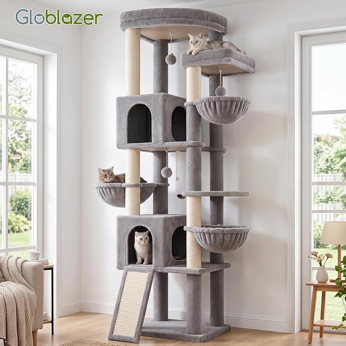 Globlazer 77in Cat Tree Tower for Indoor Cats Large Adult, F77, Light Grey | Heavy Duty Multi-level Climbing Tower with 6 Scratching Posts & Board, 2 Roomy Condos, 2 Padded Perches, 3 Sturdy Baskets
