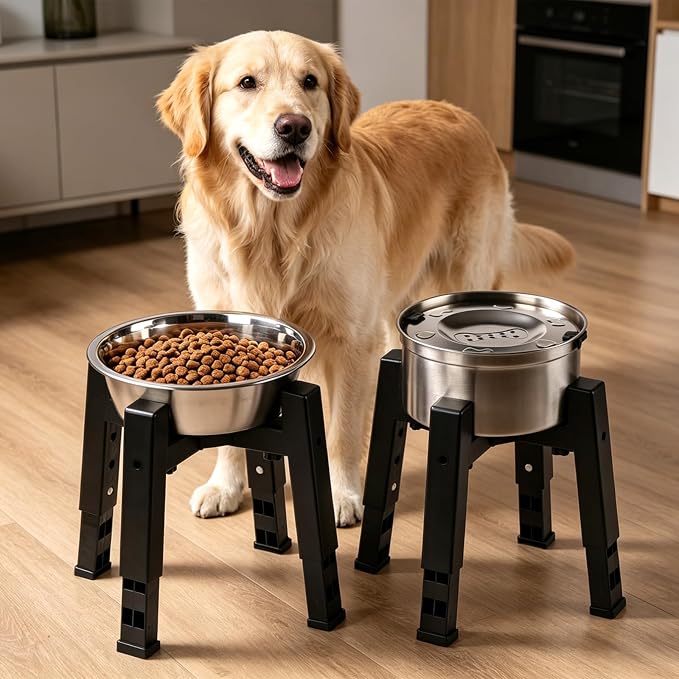 Marchul Elevated Dog Bowl with Stand, 2.5L Food Bowl and 3.3L Splash-Proof Floating Water Bowls with Large Capacity Stainless Steel, Adjustable Height & Width, Anti-Slip Stand for Medium Large Dogs