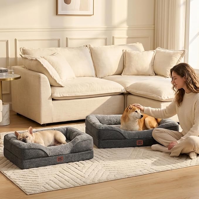 EHEYCIGA Orthopedic Dog Bed for Medium Dog, 35x22 Inch Memory Foam Dog Couch Bed with Sides, Waterproof Liner & Washable Removable Cover, Bolster Pet Sofa, Grey
