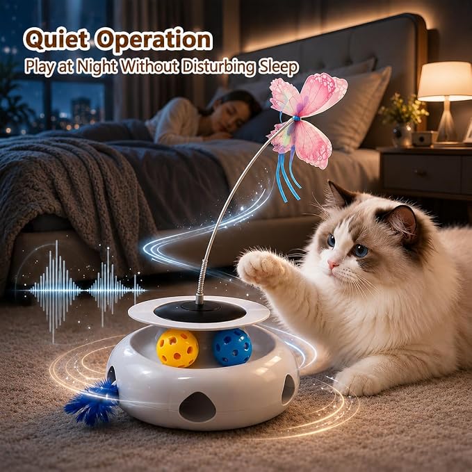 3-in-1 Interactive Cat Toy with Remote Control, Butterfly Wand & Automatic retractable feathers & Rolling Ball Track, Multi-functional Cat Toy for Indoor Cats, Suitable for Bored kitten, white