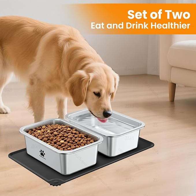 URPOWER 0.85 Gallon Large Dog Water Bowl, 2 Pack Thickened Stainless Steel Dog Water & Food Bowls with Non-Slip Mat, Spill-Proof Metal Pet Bowl Set for Medium, Large, X-Large Dogs, Indoor/Outdoor Use