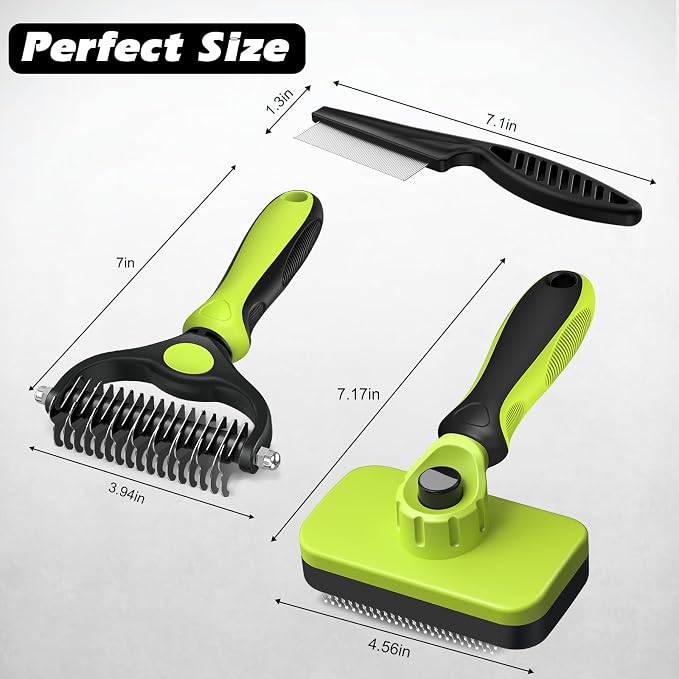 Professional 3PCS Self Cleaning Slicker Brush & Pet Grooming Rake & Flea Comb for Dogs,Cats and Horses | Double-Sided Dematting Comb & Skin Friendly Deshedding Grooming Tool | Pet Supplies (Green)