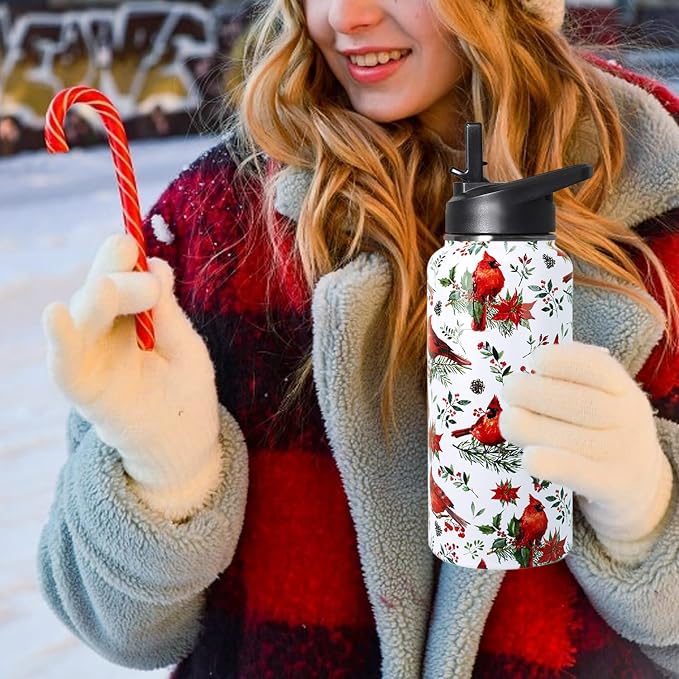32oz Christmas Red Cardinal Insulated Aater Water Bottle with Straw Gym Hiking Sports Coffee Mug Cup,Christmas Gifts for Women,Christmas Decor Stuff Accessories