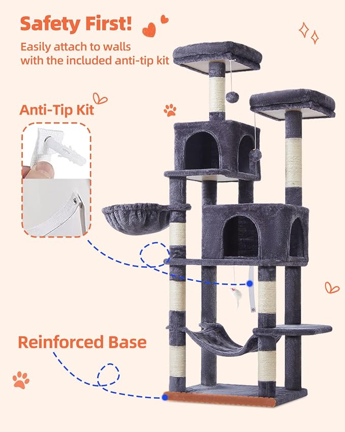Taoqimiao Cat Tree, 67 in Tall Cat Tower with 2 Plush Cat Condos | 7 Scratching Posts, 2 Top Perches, Cozy Hammock & Basket, Indoor Cats, 2 Pompoms & Mouse Toy, Smoky Gray, MS013G