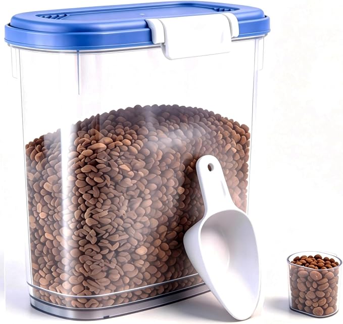 10-15 Lbs Dog Cat Pet Food Storage Container Airtight, Slim Dry Food Bin | Clear Plastic Food Container for Dogs, Cats, Bird Seeds, Kibble, Pellets, Rice, Flour, Food Container with Lid, Scoop and Cup