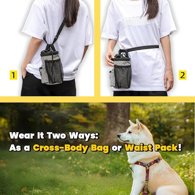 Dog Treat Pouch – Pet Training Treat Bag with Drawstring Closure, Poop Bag Dispenser, Multiple Pockets for Treats & Kibbles | 3 Ways to Wear with Adjustable Waist & Shoulder Straps | Hands-Free Walks