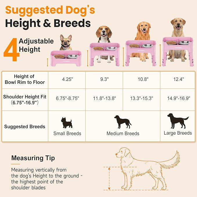 URPOWER Mess Proof Elevated Dog Bowls 4 Height Adjustable Raised Bowl Stand with 2 Stainless Steel Dog Bowls Non-Slip Food and Water Bowl Set for Small, Medium, Large Dogs, Pink
