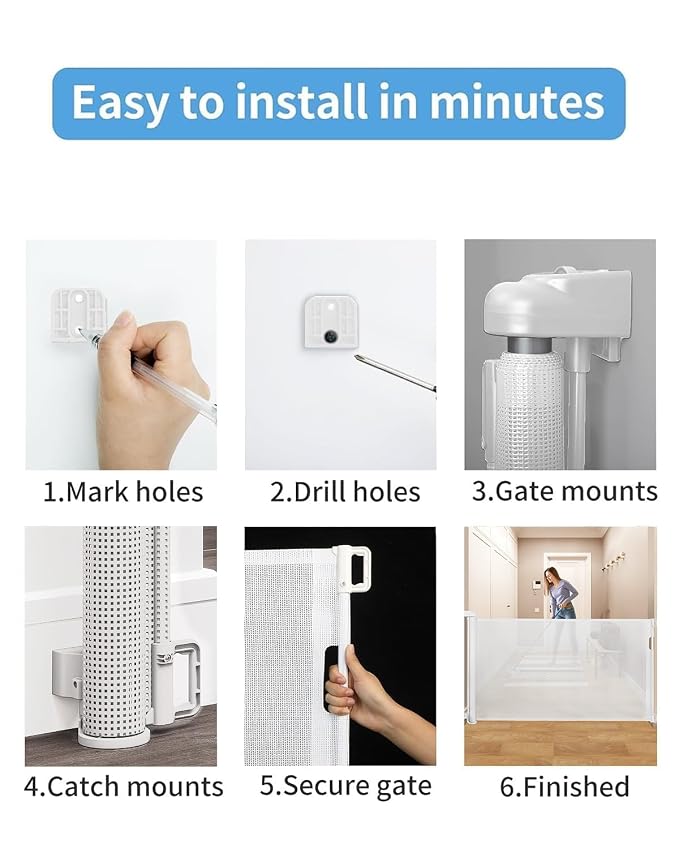 Veraste Retractable Baby Gate for Doorways and Stairs, Mesh Safety Gate for Pet, Indoor & Outdoor Use, One-Hand Operation, Easy Installation, 33.6" Tall, Expands to 71" Wide(White,33.6"x71")