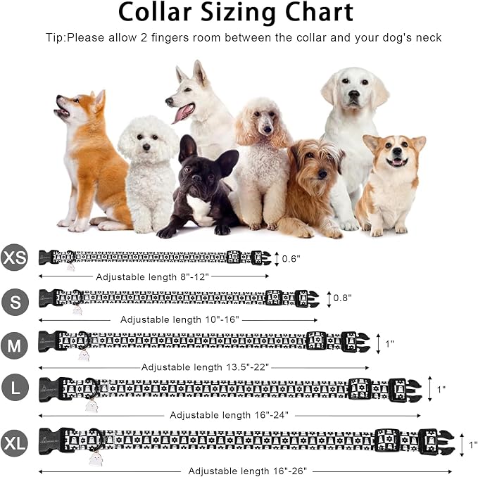 ARING PET Halloween Dog Collar, Ghost Flower Pet Collars for Small Medium Large Girl Boy Dogs Puppy Collar with Quick Release Buckle-Black White XL Size