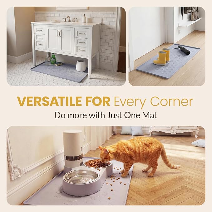 Silicone Pet Feeding Mat - 100% Waterproof Dog & Cat Bowl Pad with Raised Edges - Protects Floors from Messy Eaters & Spills - Anti-Slip, 100% PET-Safe, Dishwasher Safe (Grey 28" x 20")