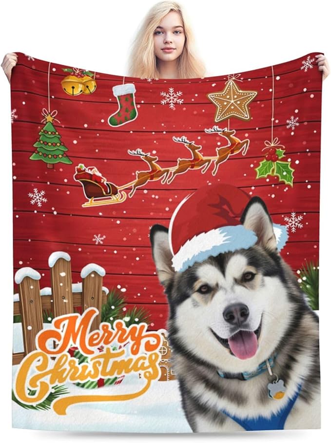 Nxwdwqa Personalized Christmas Dog Blanket Throws with Photos, Custom Christmas Pet Blanket, Dog Gifts for Pet Lovers, Customized Puppy Blanket for Adult Kid Birthday Fathers Mothers Valentines Gift
