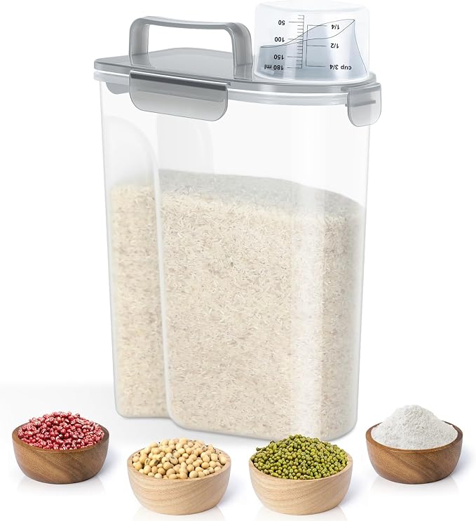 TBMax Rice Container 10 Lbs, Cereal Container Oatmeal Storage, Airtight Food Dispenser with Pouring Spout & Cup for Flour Grain Beans, Pet Dog Cat Food Storage Container-Translucent Grey