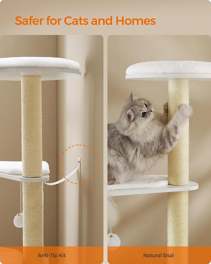 Feandrea Cat Tree, 65-Inch Multi-Level Tower with 5 Scratching Posts | Modern Cat Condo for Indoor Cats, Perch, Washable Removable Cushions, Cloud White, CAEN Collection UPCT166W01