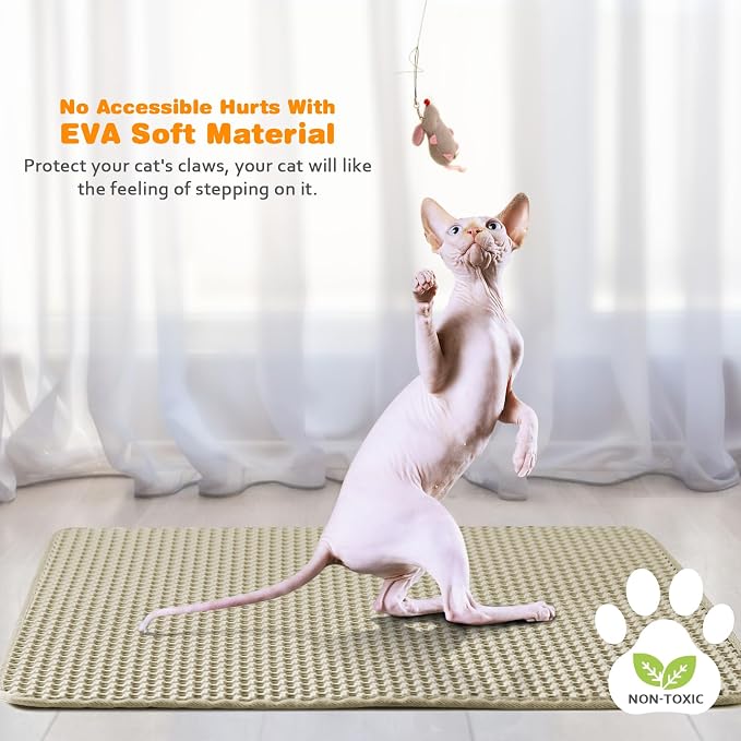 Cat Litter Mat 22"x30",Double Layer EVA litterbox Mat, Khaki | Waterproof honeycomb large grid, urine-proof and odor-free. Traps litter, easy cleanup,Washable, non-slip backing