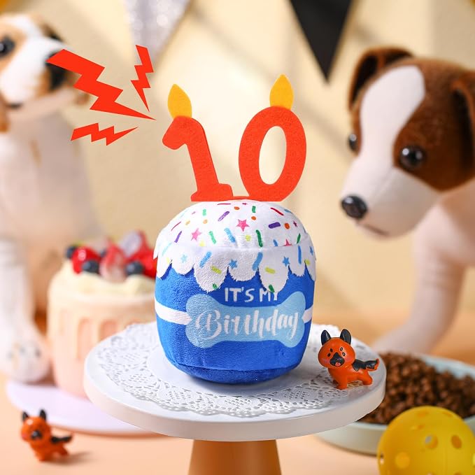 Dansydaisy Dog Birthday Cake Toy Squeaky Plush Toy for Girl Boy Gifts, Chew Accessories for Dog Birthday Party Decor Favor for Large, Medium and Small Dogs(10th,Blue)