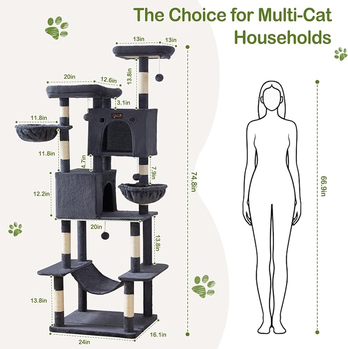 74in Cat Tree Tower for Indoor Cats, Multi-Level Design Dark Gray | 2 Roomy Condos, 2 Cozy Baskets, 2 Padded Perches, 9 Sisal Scratching Posts, Hammock, Hanging Toys, Wide Base, Easy Assembly
