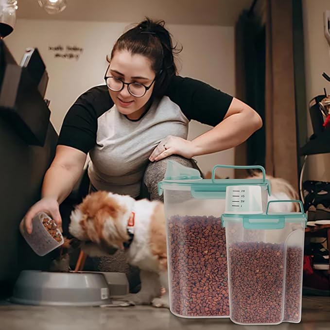 LEAWALK 2Pack Cat Dog Food Storage Container with Upgraded Large Nozzle BPA-free, 3+5lbs Plastic Pet Food Containers with 4 Sealed Clasps/1 Measuring Cup/ Handle Easy to Clean and Carry (Clear Blue)