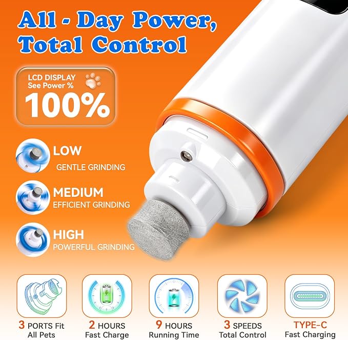 Dog Nail Grinder with LED Light – Quiet & Safe Pet Nail Trimmer for Small Medium Large Dogs & Cats, Cordless & Rechargeable, Low Noise Dog Nail Care for Beginners