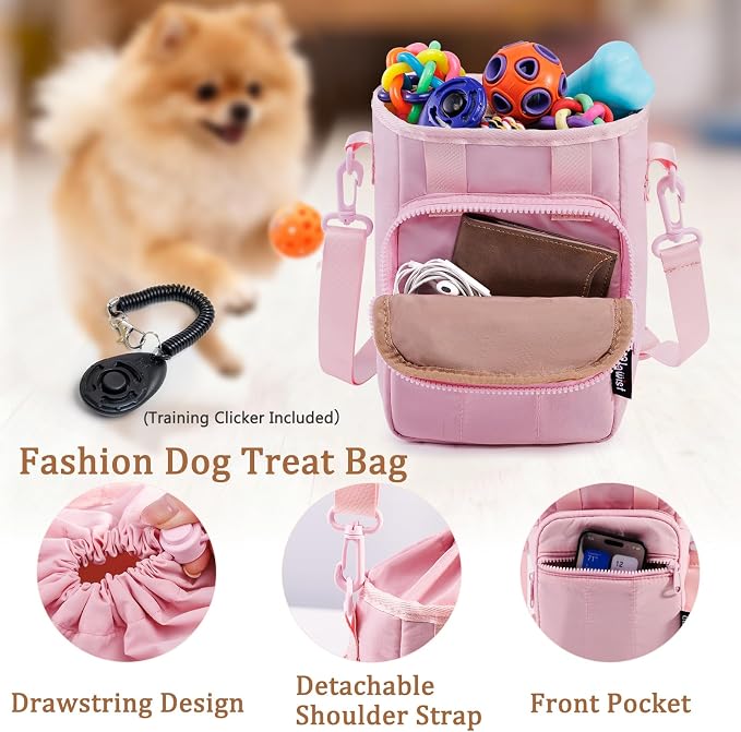 Stylish Dog Training Treat Pouch with Waist & Shoulder Strap, Dog Treat Bag for Walking and Training, Removable Waterproof Liner, Drawstring Treat Holder with Front Pocket & Clicker