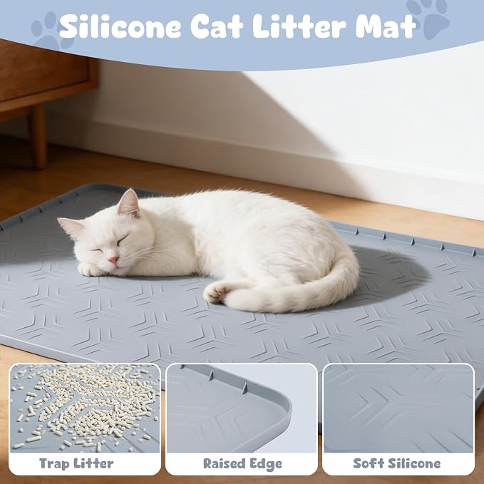 Cat Litter Box Mat, 34"×22" Waterproof Silicone Cat Litter Trapping | Non-Slip Gray Kitty Litter Mat for Indoor Cats, Waterproof Pet Food Mats Easy to Clean & Soft on Kitty Paws