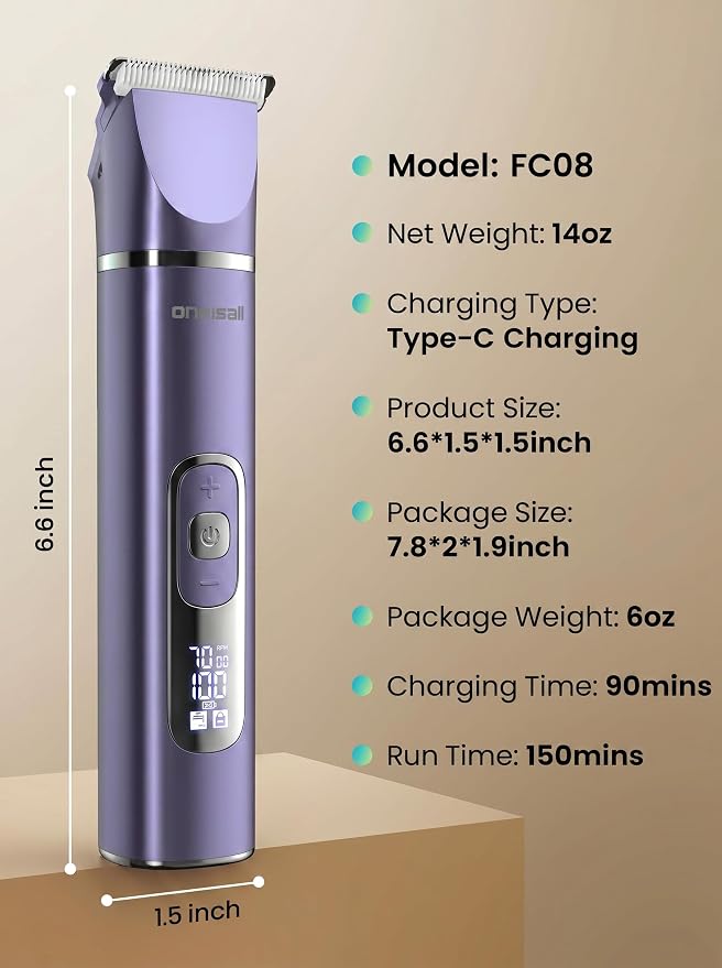 oneisall 4 in 1 Dog Grooming Kit with LCD Display Purple | Paw Hair Trimmer & Nail Grinder, Rechargeable, Cordless, Low Noise, IPX7 Waterproof, 3 Speeds Pet Grooming Clippers