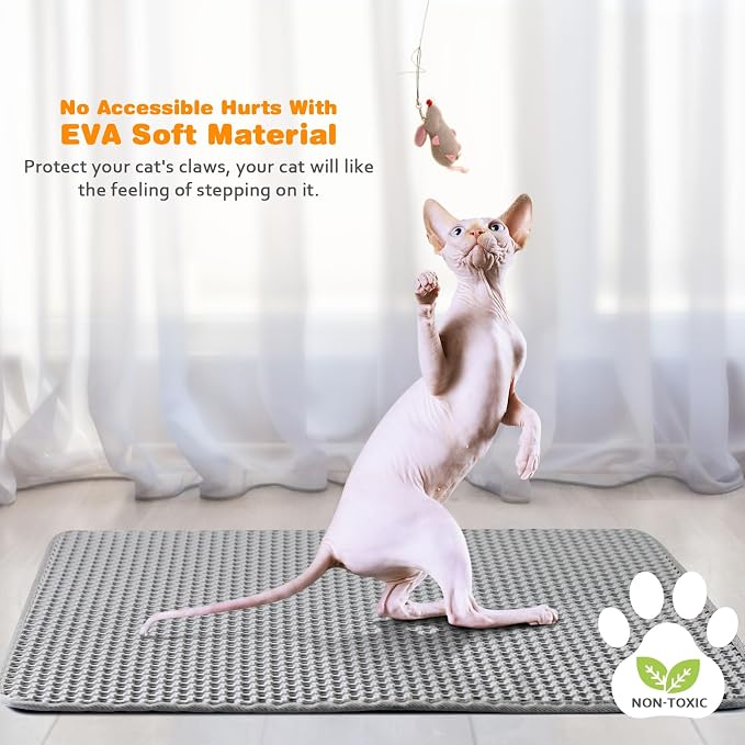 Cat Litter Mat 12"x12",Double Layer EVA litterbox Mat, Gray | Waterproof honeycomb large grid, urine-proof and odor-free. Traps litter, easy cleanup,Washable, non-slip backing