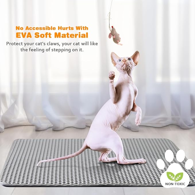 Cat Litter Mat 12"x18",Double Layer EVA litterbox Mat, Gray | Waterproof honeycomb large grid, urine-proof and odor-free. Traps litter, easy cleanup,Washable, non-slip backing