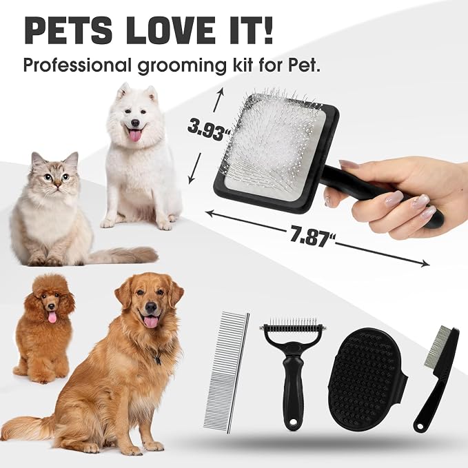 Bonteck Dog Slicker Brush for Dogs Grooming Kit 5PCS | Large Dog Brush for Goldendoodles Poodles Doodles | Long Pin Haired Brush | Poodle Brushes and Comb (Black)