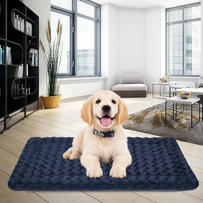 EMPSIGN Dog Crate Pad for 30"x20" Dog Crate, Plush/Canvas Navy | Reversible Kennel Mat (Cool & Warm), Machine Washable, Cozy Plush Sleeping Pad, All-Season Pet Bed
