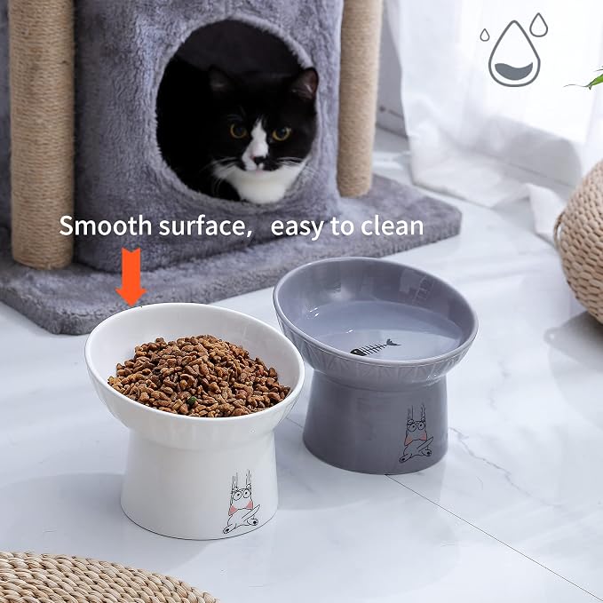 6.5 Inch Extra Wide Ceramic Raised Cat Bowl Set, Tilted Elevated Cat Bowls for Food and Water, Prevent Whisker Fatigue, Stress Free, Less Vomiting, Protect Spine, White & Grey | Prevent Whisker Fatigue, Stress Free, Less Vomiting, Protect Spine, Dishwa...