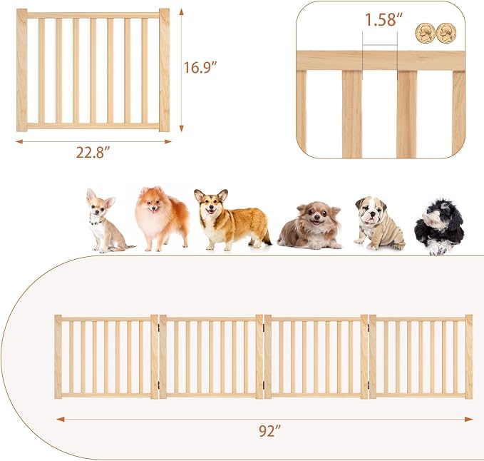 YOCAN Non-Painted Wooden Freestanding Dog Gates for The House,Doorways, Stairs,Wood Dog Fences Indoor Pet Gate,Step Over Fence-4 Panel H:16.9"