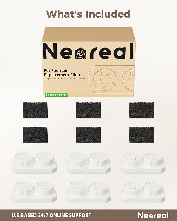 Neareal Cat Water Fountain Replacement Filters & Pre-Filter Sponges Compatible with 74oz/2.2L Stainless Steel Pet Fountain (6 Filters & 6 Sponges)