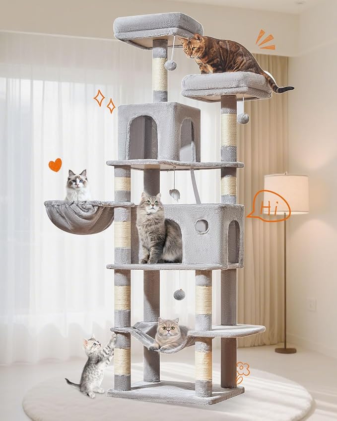 Taoqimiao Large Cat Tree, 73 in Tall Cat Tower with 2 Plush Big Cat Condos | 9 Scratching Posts, 2 Top Perches, Cozy Hammock & Basket, Indoor Cats, 2 Pompoms & Mouse Toy, Light Gray, MS013XLW