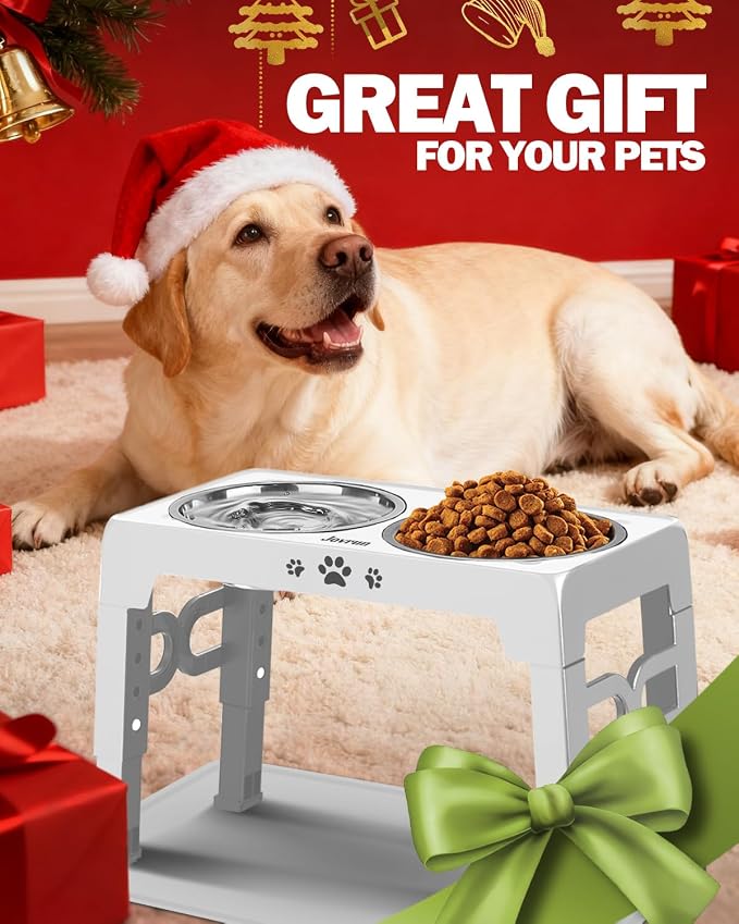 Jovrun Elevated Dog Bowls for Medium Large Dogs with Mat, Non-Slip Dog Feeder with 1*Stainless Steel Dishes & 1*Slow Feeder Bowl, 5 Heights Adjustable Raised Bowls for 3.15″-8.66″-9.84″-11.02″-12.2″