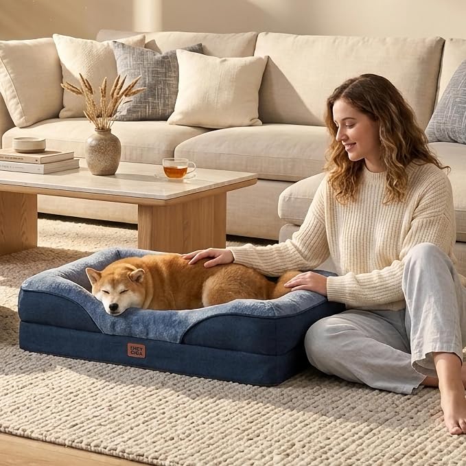 EHEYCIGA Orthopedic Dog Bed for Medium Dog, 35x22 Inch Memory Foam Dog Couch Bed with Sides, Waterproof Liner & Washable Removable Cover, Bolster Pet Sofa, Navy