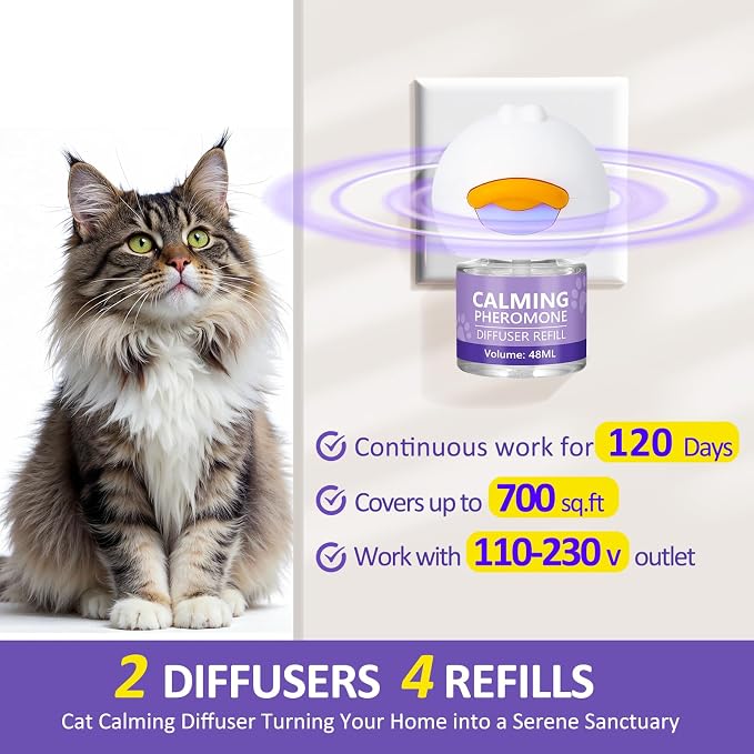 OcePor Cat Calming Diffuser,120-Day Pheromone Diffuser 4 Refills & 2 Plugs | Cat Pheromones Calming Diffuser Refill Kit for Pee Spraying, Aggression, Meowing & Scratching, Relieve Anxiety Stress