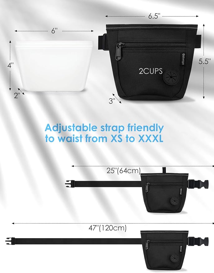2 Cup Dog Treat Pouch with Silicone Insert Bag& Clicker(Raven) | 2 Pair Magnetic Closures, Zipper Pocket with Poop Bag Holder, Waist Belt & Metal Clip to Wear for Pet Training/Daily Walking