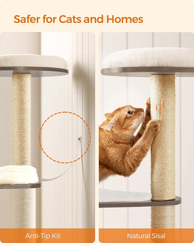 Feandrea Cat Tree, 64.6-Inch Modern Cat Tower, Multi-Level Condo with 5 Scratching Posts, Perch, Washable Removable Cushions, Cave, Heather Greige UPCT166G01 | Contemporary Cat Condo for Indoor Cats, Perch, Washable Removable Cushions, Heather Greige, ...