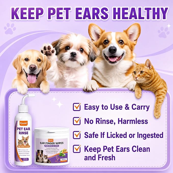 Pjordo Pet Ear Cleaner for Dog & Cat, Natural Formula - Aloe & Witch Hazel | Pet Ear Wash for Soothing Ear Itching & Deodorize, Ear Finger Wipes for Removing Ear Wax & Dirt, Suitable for Ear Daily Care