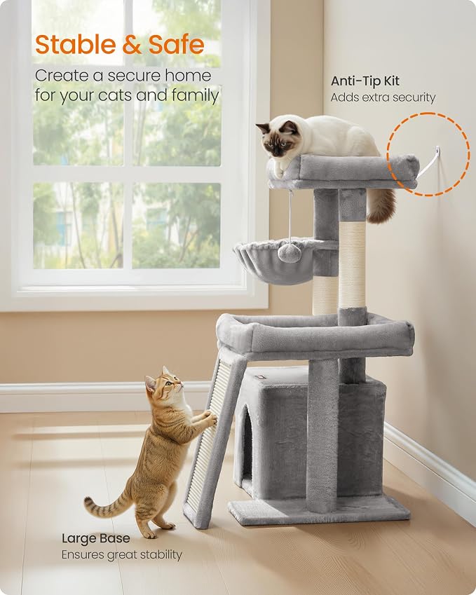 Feandrea Cat Tree, Cat Tower Condo with Scratching Posts and Ramp, 2 Large Perches, Cave, Basket, 33.8 Inches Tall, Dove Gray UPCT013GD02S