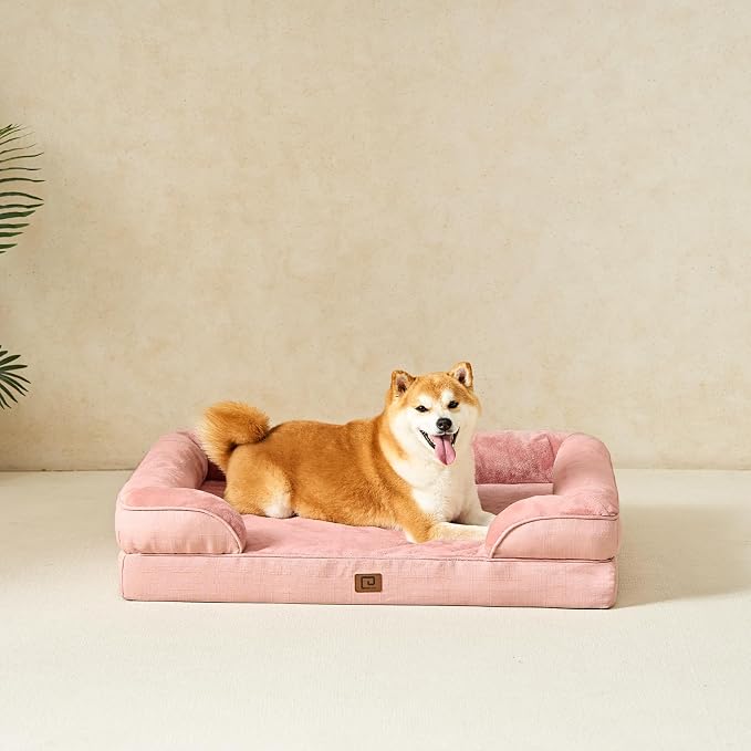 EHEYCIGA Orthopedic Dog Beds for Large Dogs, Waterproof Memory Foam Large Dog Bed with Sides, Non-Slip Bottom and Egg-Crate Foam Pet Couch Bed with Washable Removable Cover, Dusty Pink,35x22