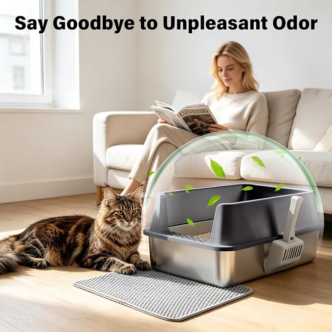 Stainless Steel Litter Box, XL Metal Litter Box with High Sides Lid, Extra Large Cat Litter Boxes for Big Cats, Anti-Urine Leakage, Never Absorbs Odors, Easy Cleaning, Non-Stick, Include Scoop and Mat