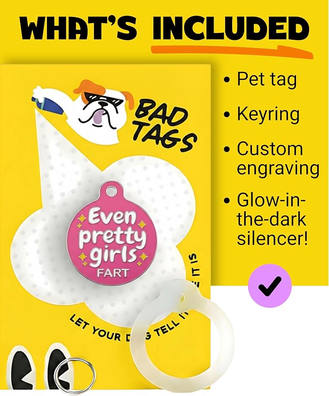 Bad Tags Personalized Dog and Cat ID Tags in 25+ Designs and 2 Sizes - 5 Lines of Custom Engraved Text - Funny Cute Personalized Pet Tags (Even Pretty Girls Fart, Small (1 inch))