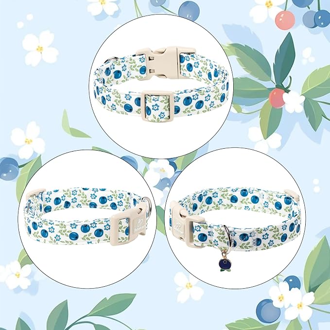 Spring/Summer Dog Collar for Small Dogs - Fresh Blueberry Girl Boy Dog Collars, Soft Lightweight Puppy Collar, Breathable Adjustable Male Female Fruit Floral Dogs Collars S