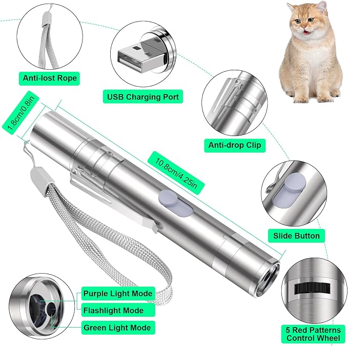 Waputne Cat Toy for Indoor Cats, USB Rechargeable Kitten Toys with 5 Adjustable Green Patterns, Interactive Chase Toys for Indoor Cats & Dogs, Training & Exercise Fun