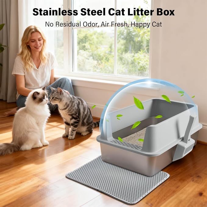 Stainless Steel Cat Litter Box with Lid Large to XL,Metal Litter Box High Sides for Big/Multiple Cats,Open Design,Indoor,1-Mat and 1-Scoop,Easy to Clean, No Odor,Anti-Urine Leakage