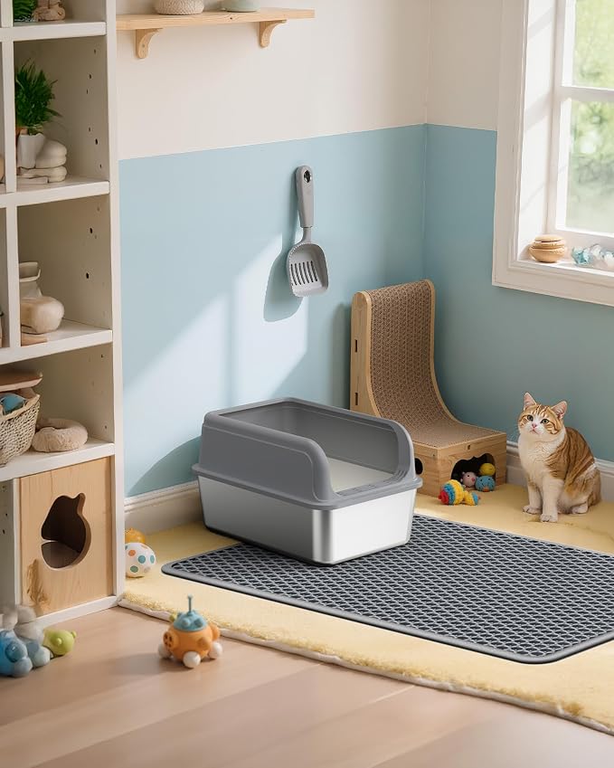 Powools Cat Litter Mat, Double-Layer, 46 x 35 in, Urine-Proof, Grey | Non-Slip Litter Trapping Mat, Easy to Clean, Kitty Litter Mats for Floor, Scatter Control, Waterproof Litter Box Mat for Cats
