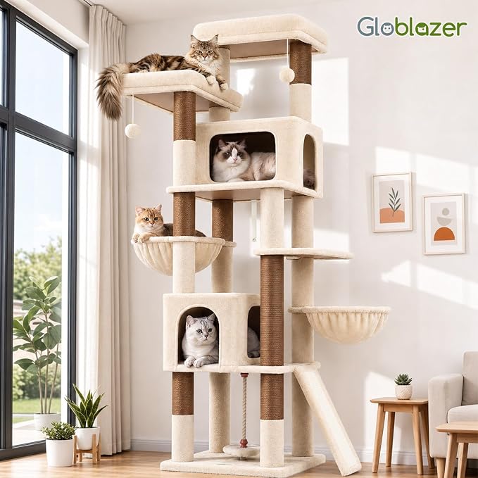 Globlazer 75in Tall Cat Tree Tower for Indoor Cats, F75B, Light Grey | Large Cat Tree for Indoor Cats Large Adult, Multi-Level Cat Tower with 7 Scratching Posts, 2 Cat Condos, 2 Top Perches