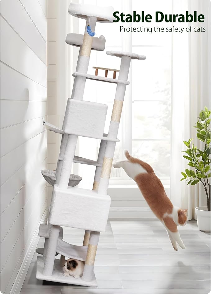 Meecal 79in Large White Cat Tree,Scratching Post,Perches,Condos & Hammocks | Sturdy Large Tower, Stable Structure for Multiple Big Cats, Heavy Duty, Scratch-Friendly ,High Weight Capacity, Tall Cat Gym